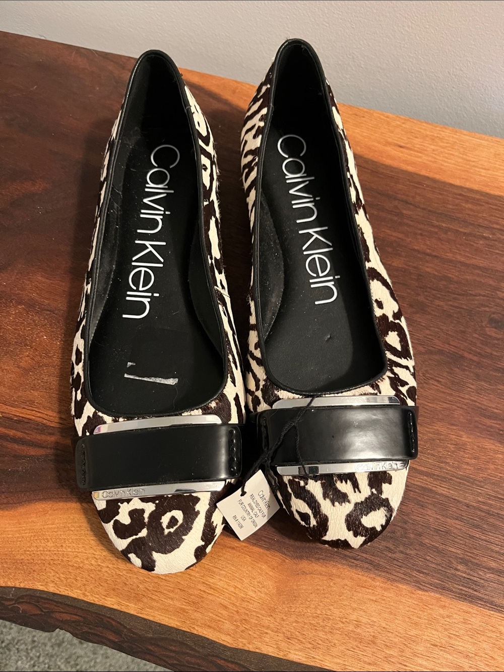 Calvin Klein Black and White Leopard-Print Ballet Flats with Buckle